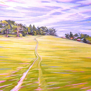 Original acrylic painting depicting a vibrant landscape with a path, trees, and a blue sky by Mary Leach