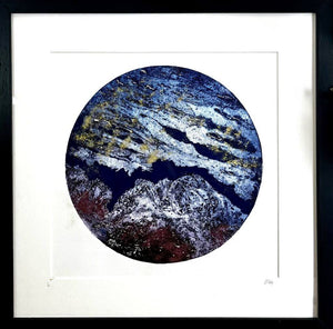 A close up of a framed GAIA I mixed media original artwork using collagraph print with metallic powder by London based artist Linda Jenkins
