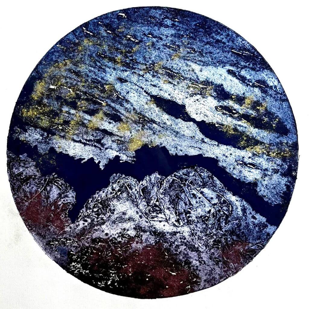 GAIA I mixed media original artwork using collagraph print with metallic powder by London based artist Linda Jenkins
