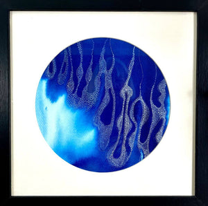 A close up of a framed GAIA II original artwork using acrylic inks by London based artist Linda Jenkins
