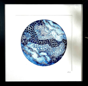 A close up of a framed GAIA III mixed media original artwork using collagraph print with gouache by London based artist Linda Jenkins
