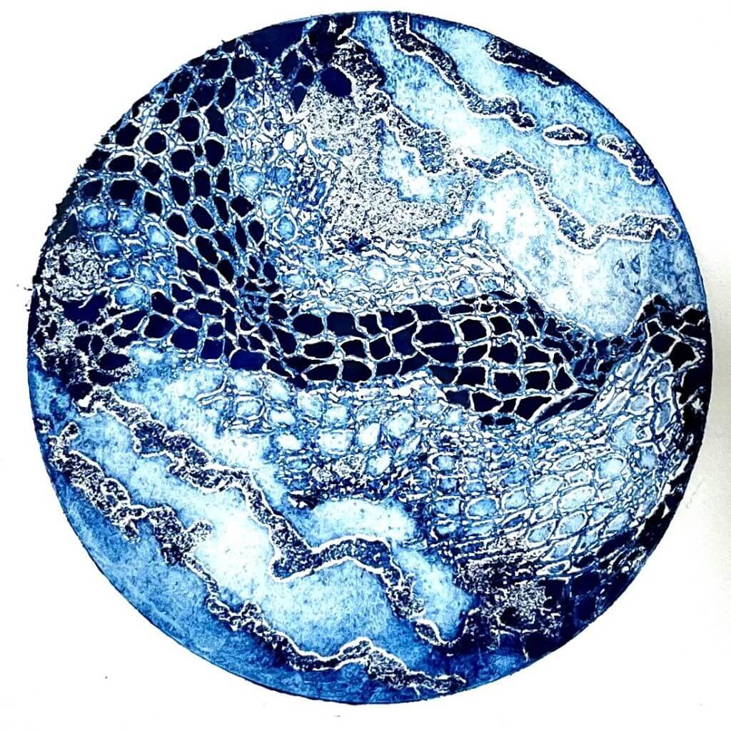 GAIA III mixed media original artwork using collagraph print with gouache by London based artist Linda Jenkins
