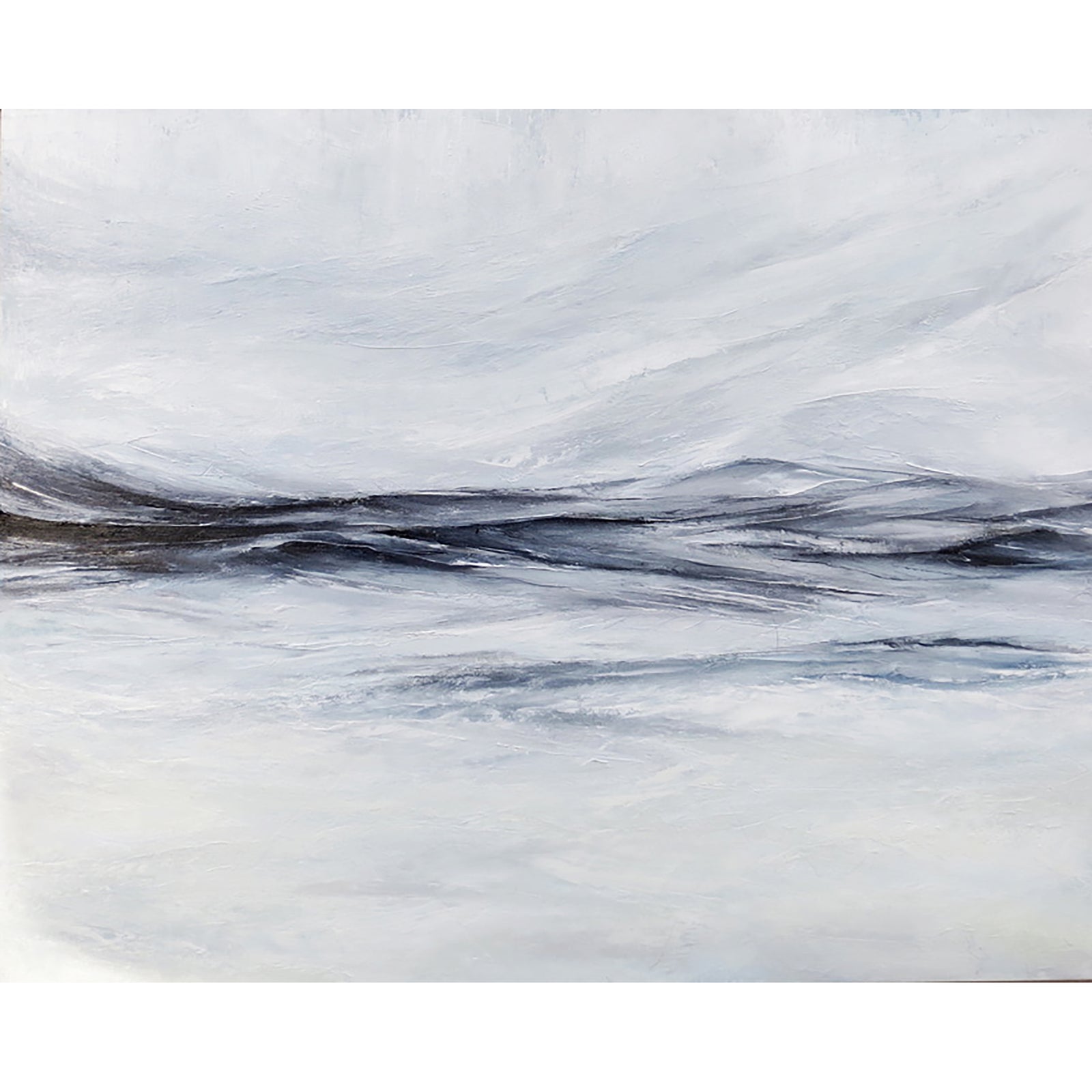 Great White Storm painting by Sarah Knight, sweeping sea and waves in monochrome palette