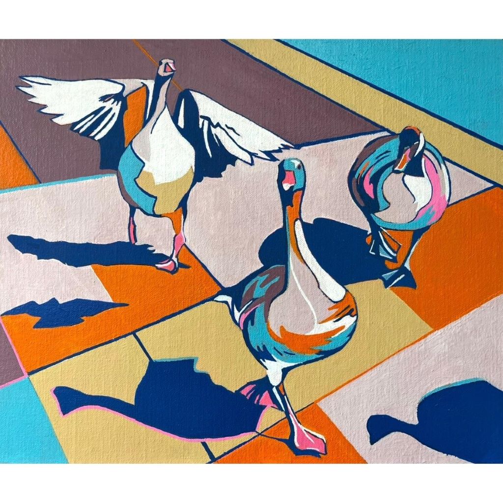 Colorful abstract design of geese on a geometric patterned background
