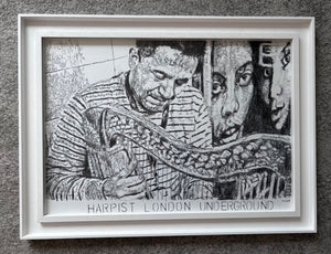 Diego Laverde Rojas drawing on paper of a harp player by artist Stella Tooth framed