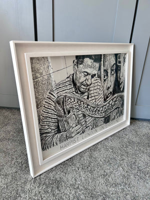 Diego Laverde Rojas drawing on paper of a harp player by artist Stella Tooth side view