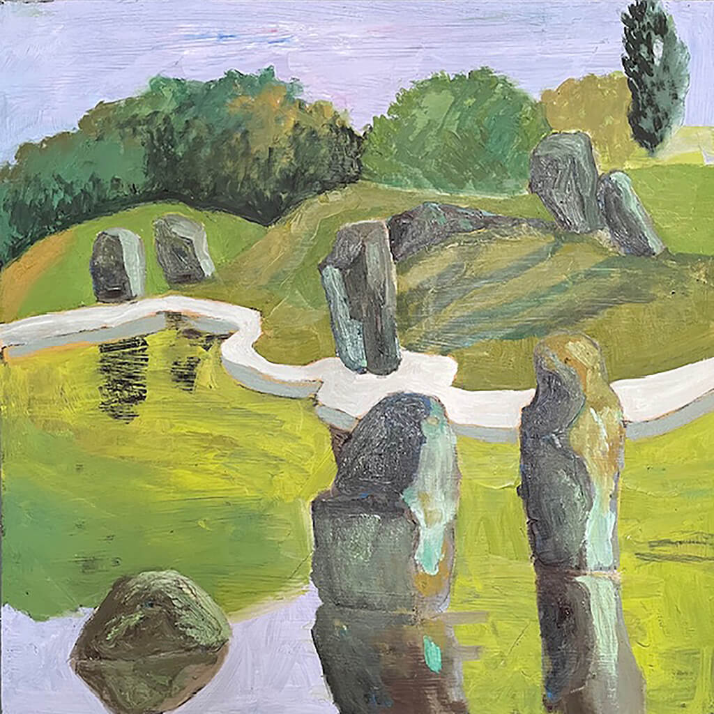 Japanese Garden original oil painting by Effie Romain in shades of green and grey