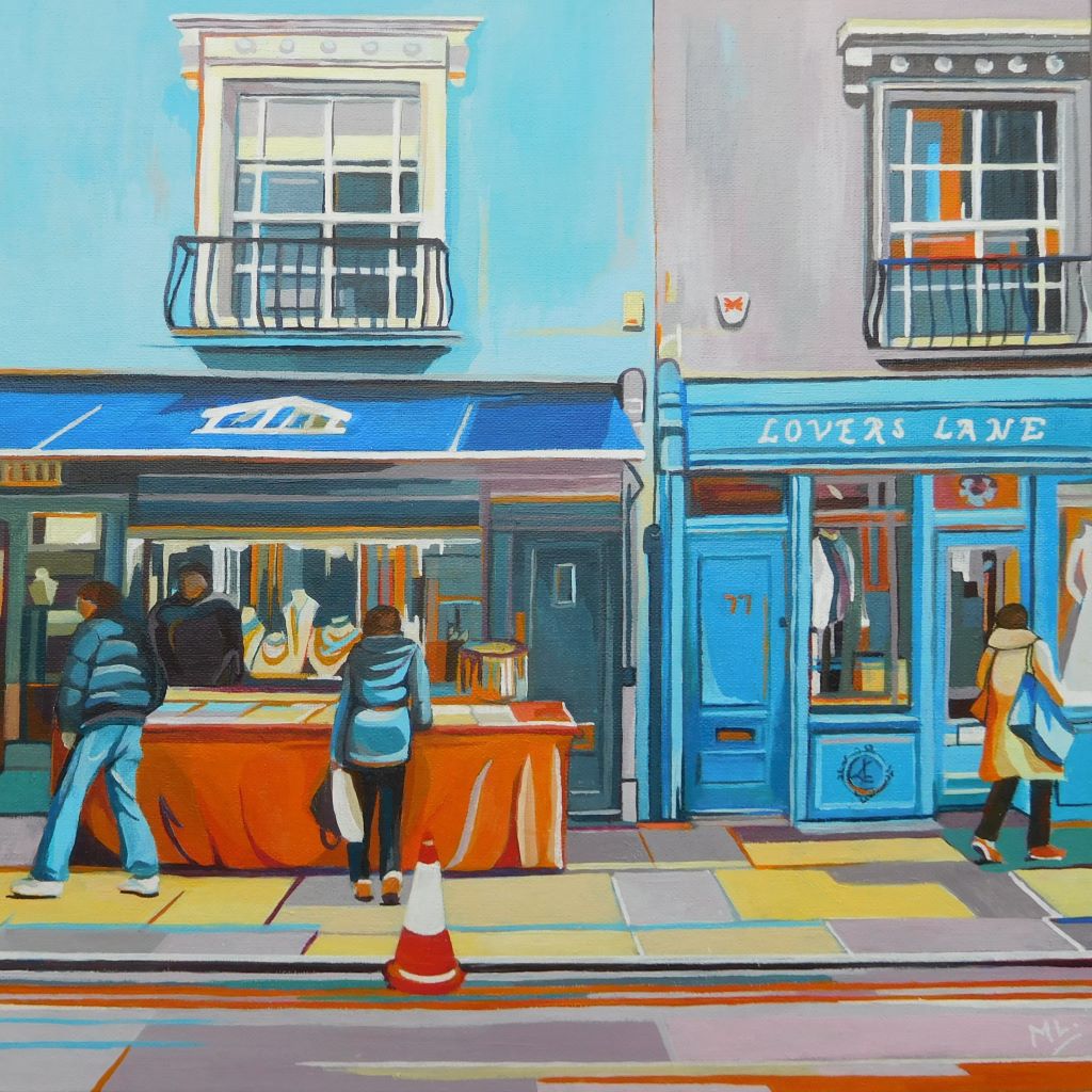 Painting of a street scene with people and shops, featuring 'Lovers Lane' on a building by Mary Leach