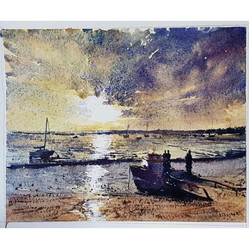 Watercolour painting of low tide at the Swale