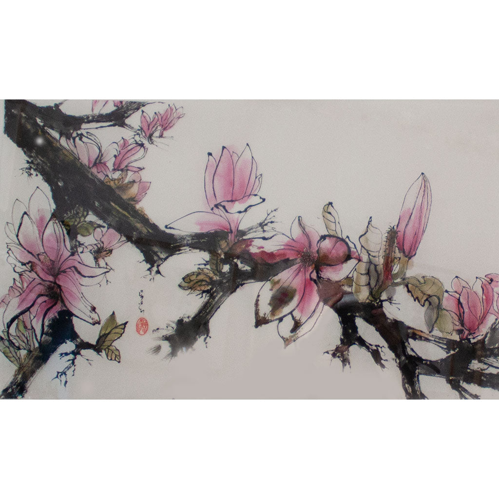 An original ink on paper artwork of pink magnolia flowers by artist Judy Head