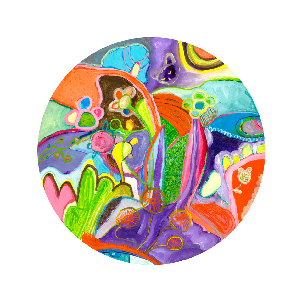 Magpie, an original abstract oil painting by Abigail Lipski comprising vibrant colourful shapes  on a circular background