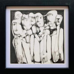 Men In Suits by Heather Tobias is a one of a kind porcelain framed handmade glazed tile comprising an original drawing
