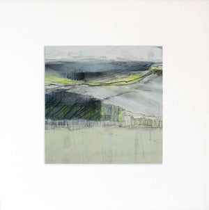 An abstract landscape painting on a square canvas, featuring textured brushstrokes of gray, black, green, and pale yellow on a white background.