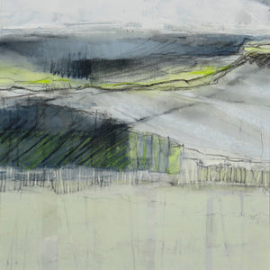 Semi-abstract mixed media painting in gres, yellow and blue.