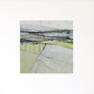 An abstract landscape painting on a square canvas, featuring textured brushstrokes of gray, white, black, and soft yellow-green, displayed against a clean white background.
