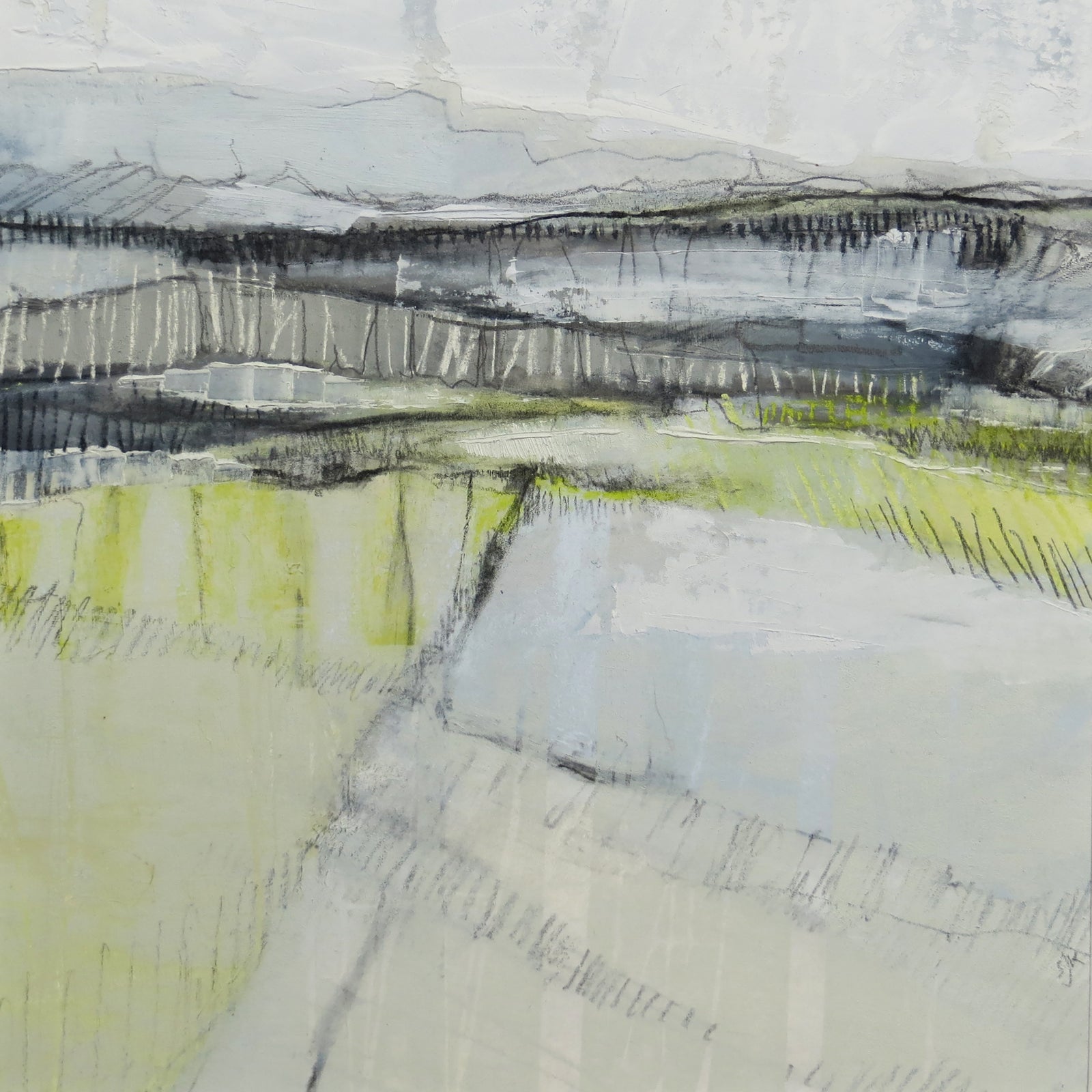 Semi-abstract mixed media painting in white, grey and yellow colours.