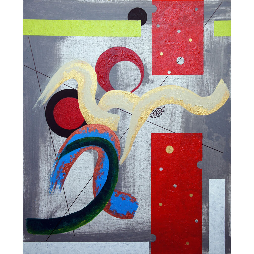 Movement by Samaira Ali an abstract acrylic on canvas painting in blue black red and grey