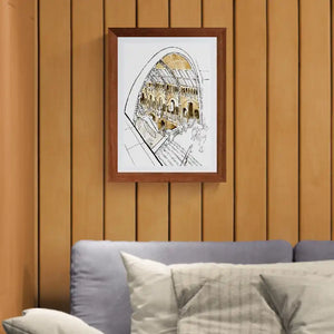 Art featuring a black and white architectural sketch of the natural history museum with warm gold highlights
