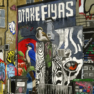 A colorful graffiti-style mural painting featuring a large sign reading 'DTAKEFIYAS', birds perched on zebra-striped poles, a zebra face, red abstract shapes, and urban street-art elements.