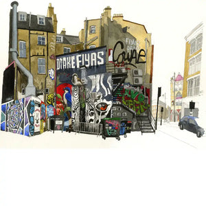 A stylized street-art scene showing a cluster of buildings covered in graffiti murals, with a large central sign reading 'DIAKE FIYAS' and additional bold graffiti text and artwork. The scene is rendered in a sketch-like illustration style with beige buildings, colorful wall art, a staircase, and a car on a pale background.