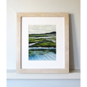 Artistic depiction of a marshland with water and grasses, original pastel by Sarah Knight Art