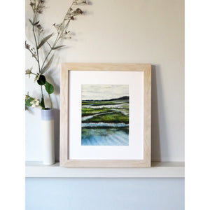 Artistic depiction of a marshland with water and grasses, original pastel by Sarah Knight Art