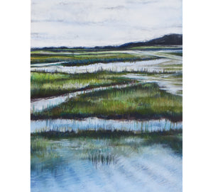 Artistic depiction of a marshland with water and grasses, original pastel by Sarah Knight Art