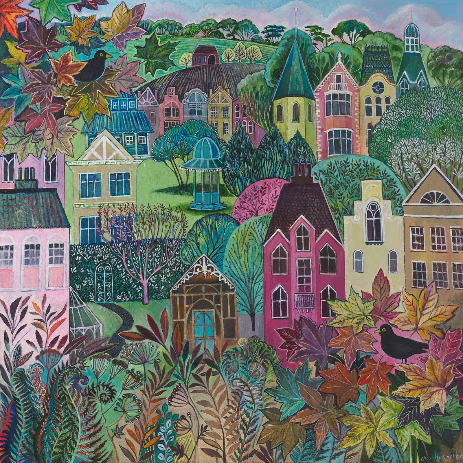 Original acrylic painting of blackbird and buildings by Nicolette Carter