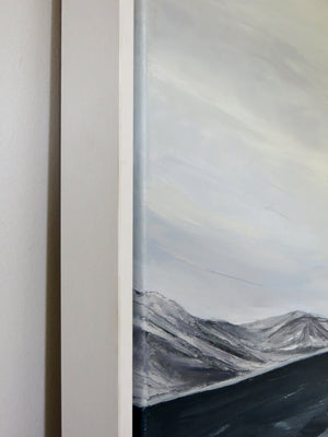 Abstract painting with wavy lines and a mountain-like shape on a white background