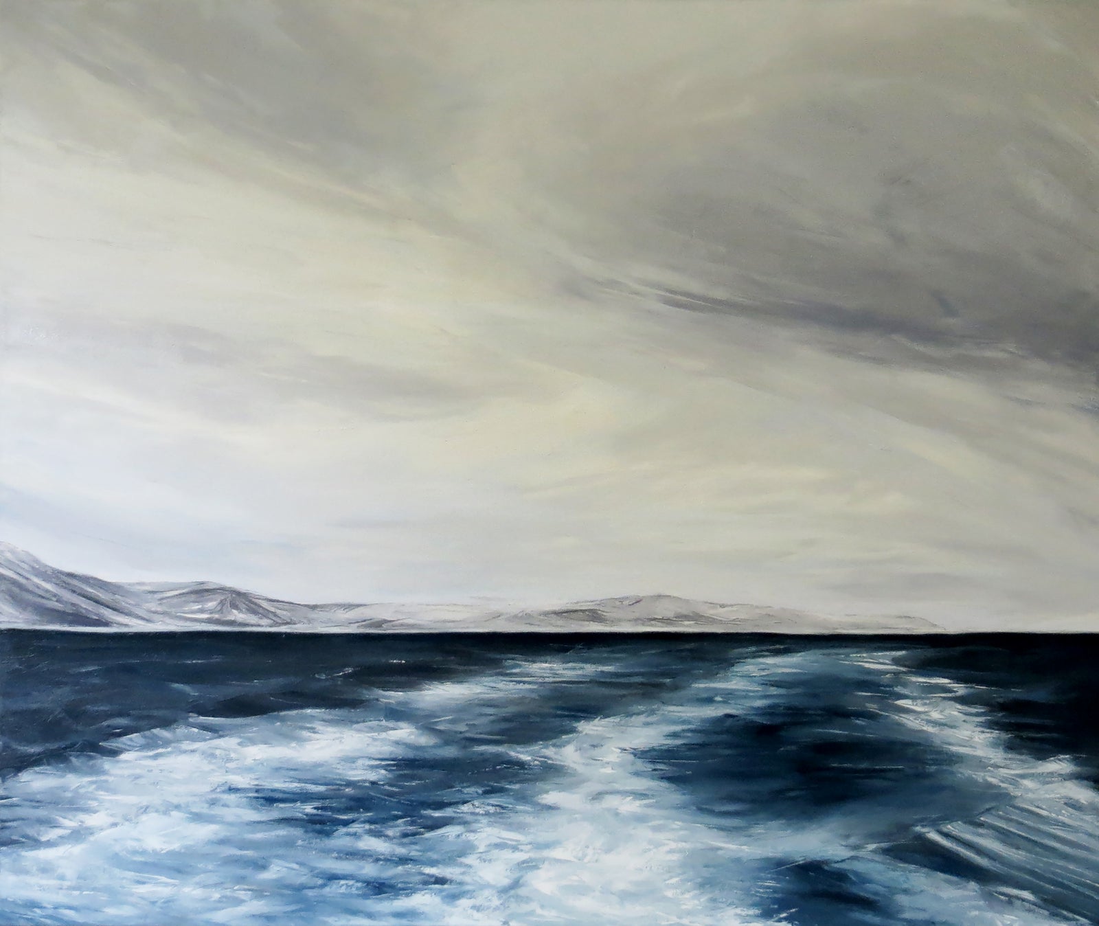 Abstract painting of a landscape with wavy lines and color transitions.