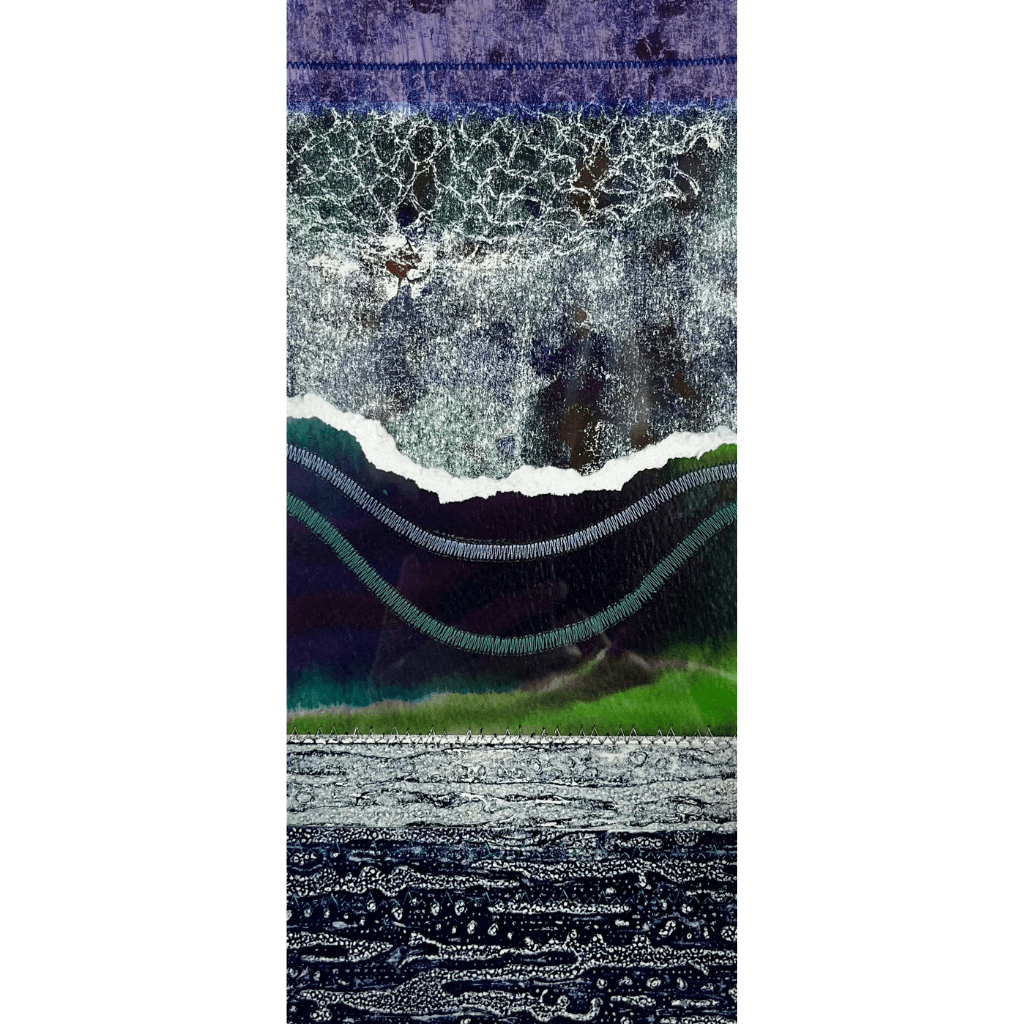 PASSAGE III mixed media original artwork using collagraph print with fabric and stitch by London based artist Linda Jenkins
