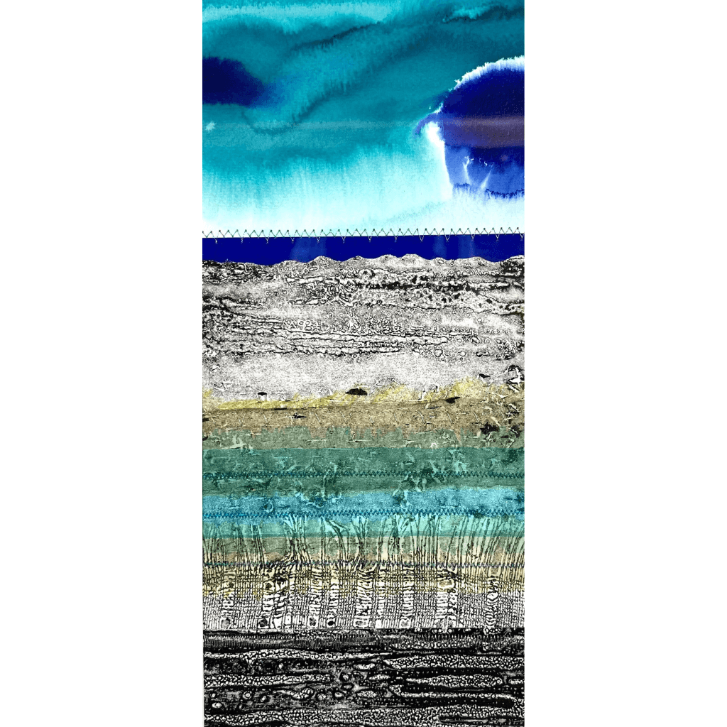 PASSAGE II mixed media original artwork using collagraph print with fabric and stitch by London based artist Linda Jenkins