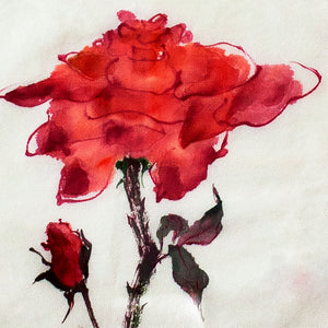 An original ink on paper artwork of a red rose flower by artist Judy Head