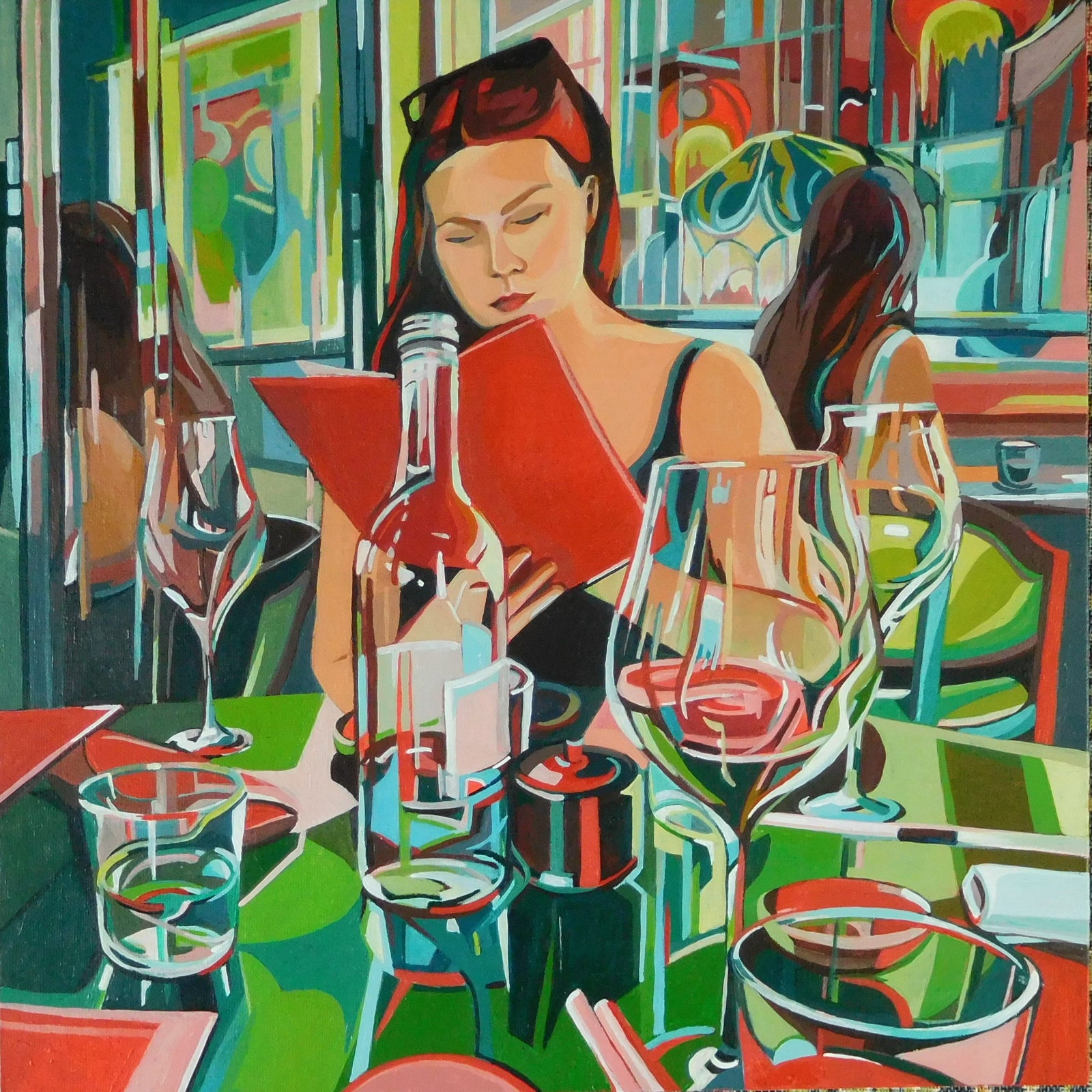 A print of an image of a girl choosing from a red menu in a restaurant sat behind a table with bottles and glasses on.