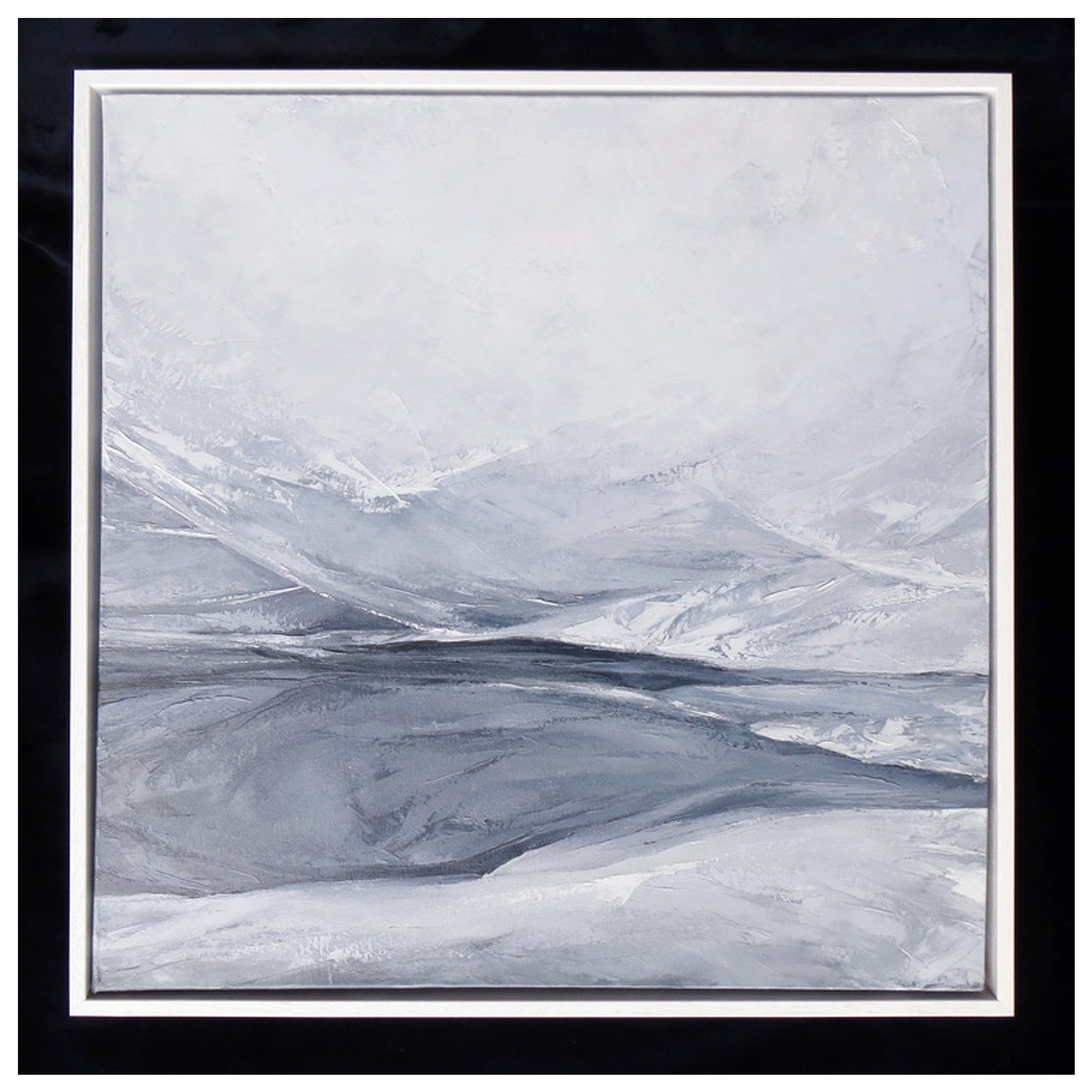 Reflections in Grey by Sarah Knight, pale delicate oil painting of mountains and lake reflections