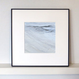 Ros Beach I by Sarah Knight. An original semi-abstract oil seascape of calm seas in blue and grey with optional frame