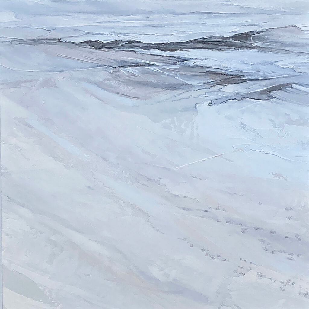 Ros Beach I by Sarah Knight. An original semi-abstract oil seascape of calm seas in blue and grey