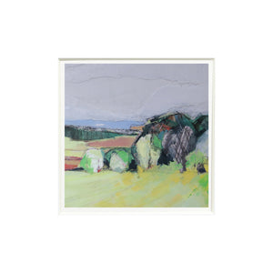 Mounted painting of a landscape with trees and fields.