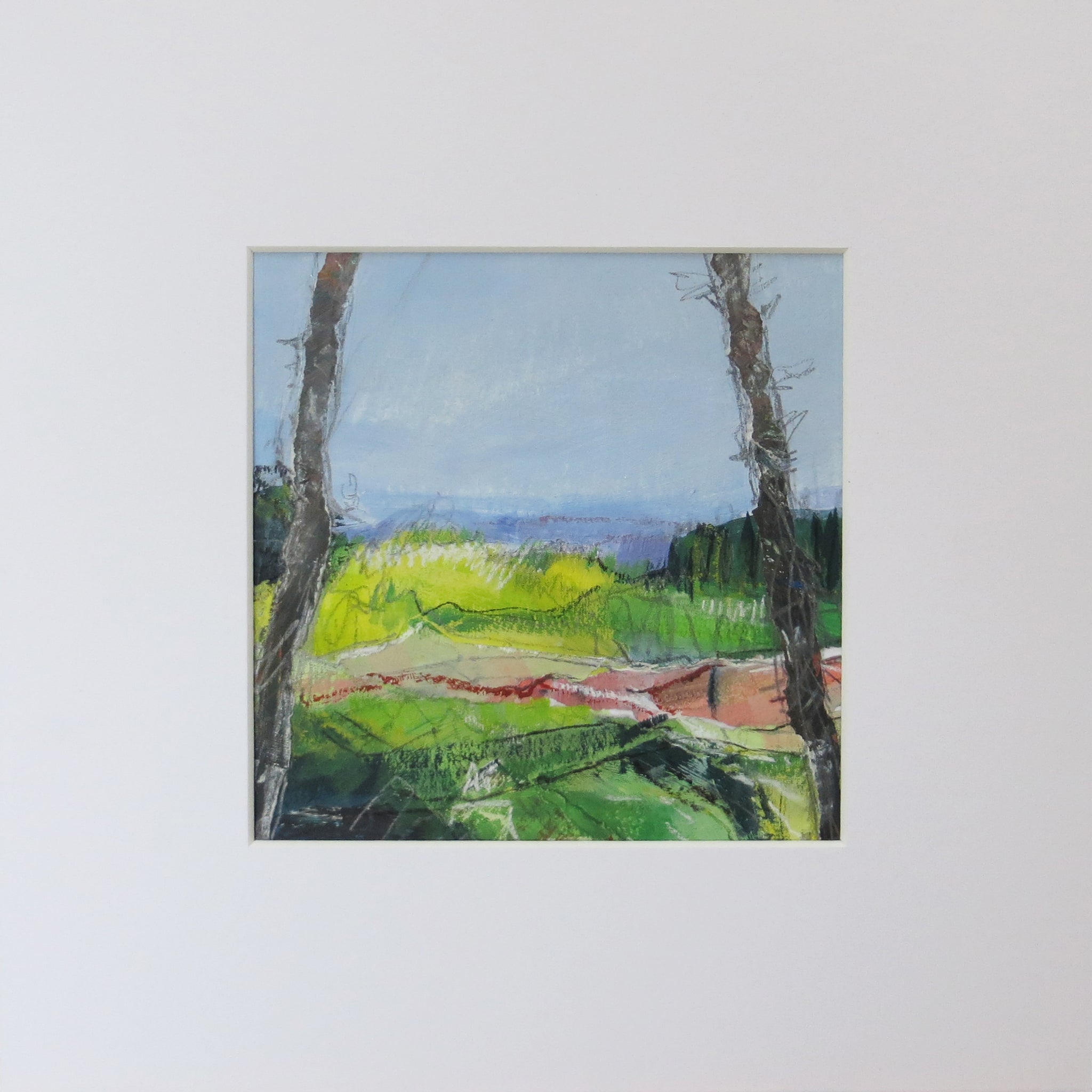 Colorful landscape painting with trees and fields called French Landscape III by Sarah Knight Art in mount