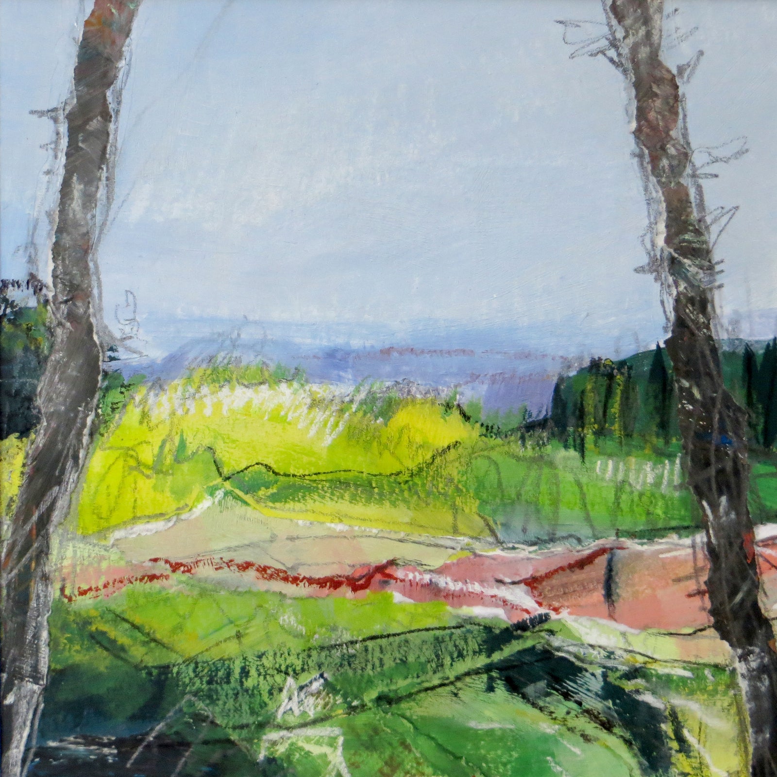 Colorful landscape painting with trees and fields called French Landscape III by Sarah Knight Art