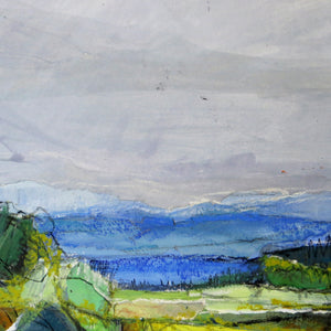 French Landscape II by Sarah Knight Art, mixed media landscape painting in bright colours