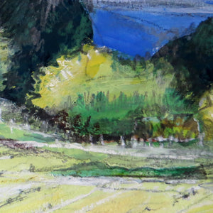 Colorful landscape painting with green fields, trees, and a blue sky.