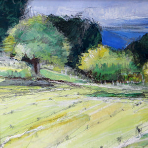 Colorful landscape painting with green fields and trees