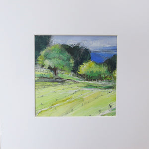 Painting of a landscape with trees and a field on a white background