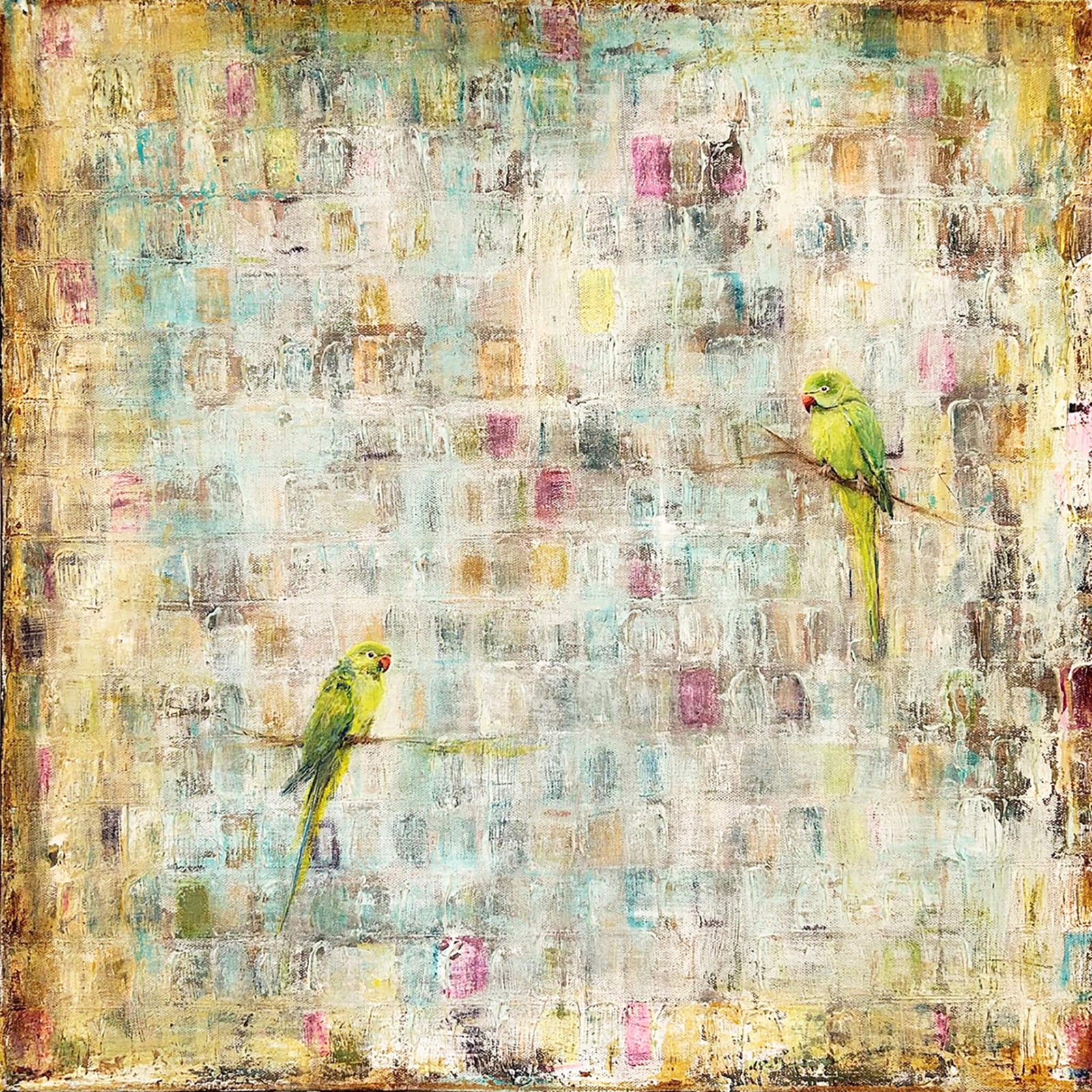 Abstract painting in warm hues featuring two perched green parakeets.