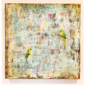 Abstract painting in warm hues featuring two perched green parakeets.