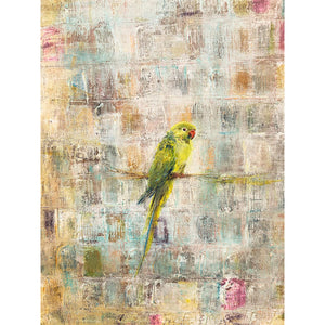 Detail of an abstract painting in warm hues featuring two perched green parakeets.