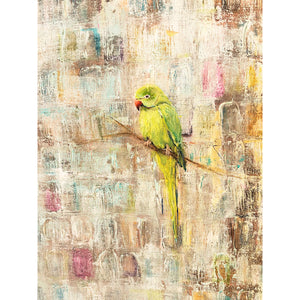 Detail of bird in abstract painting in warm hues featuring two perched green parakeets.