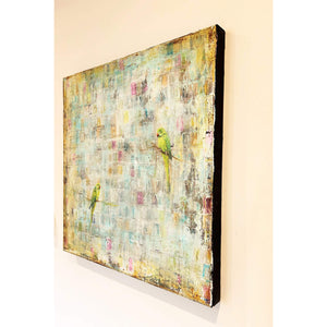 Side view of abstract painting in warm hues featuring two perched green parakeets.