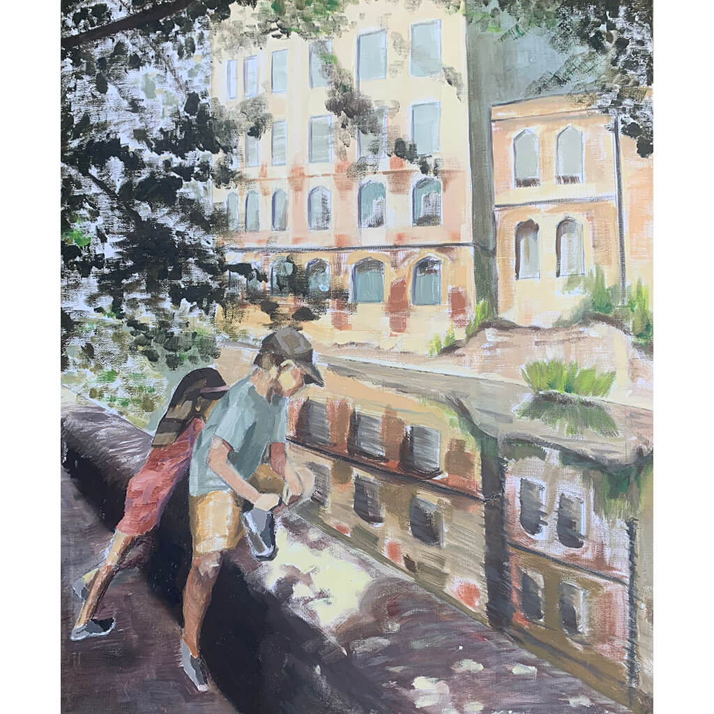 Simpler Times by Tamsyn Lewellen is an oil on canvas painting of two children by a river